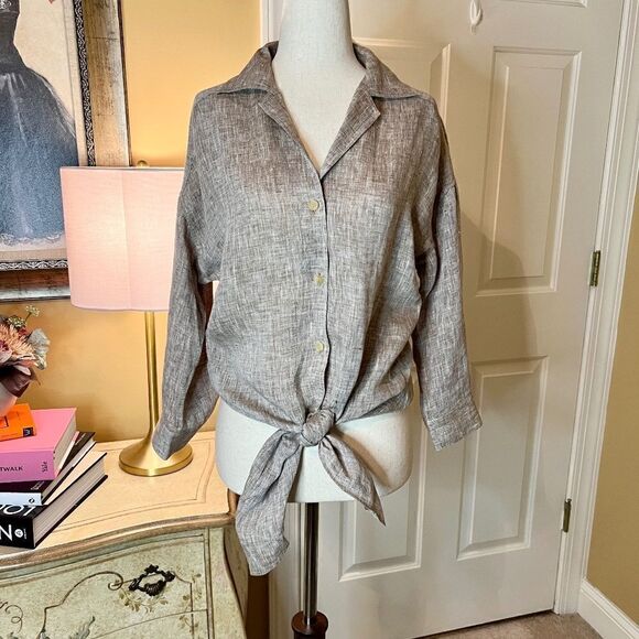NWOT $525 Lafayette 148 Heather Brown Linen Tie Front Top Shirt Blouse Sz SMALL - Picture 1 of 4